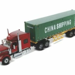 International LoneStar Sleeper SFFA Tandem Cab Truck Tractor With Skeleton Trailer And China Shipping Dry Goods Sea Container, Red And Green - Diecast Masters 71045 - 1/50 Scale Diecast Model Toy Car