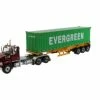 Western Star 4700 SB Tandem Cab Truck Tractor With Skeleton Trailer And 40' Evergreen Shipping Dry Goods Sea Container, Red And Green - Diecast Masters 71049 - 1/50 Scale Replica