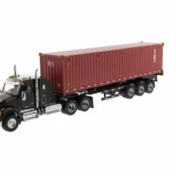 Kenworth T880 SFFA Tandem Cab Truck Tractor With Skeleton Trailer And TEX Shipping Dry Goods Sea Container, Black And Red - Diecast Masters 71060 - 1/50 Scale Diecast Model Toy Car