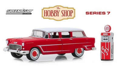 1955 Chevy Two-Ten Townsman With Gas Pump, Red - Greenlight 97070A/48 - 1/64 Scale Diecast Car